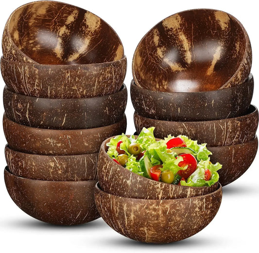Natural Coconut Shell Bowls with Wooden Spoons